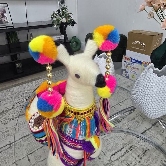 Decorative Peruvian Llama Candy Holder 15" Handmade Alpaca Doll Colorful Yarn - Picture 3 of 13